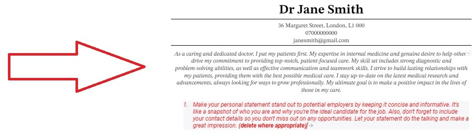 Doctor CV example Personal Statement & Contact Information
